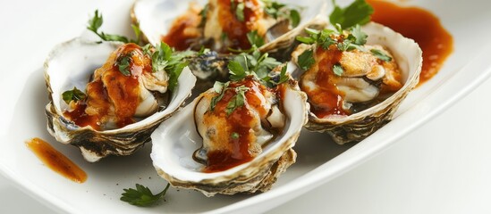 Aufkleber - Delicious Oyster Omelette Served in Pancake Style with Garnish and Sauce on a White Plate