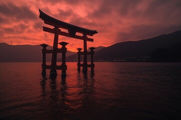 Sticker - A Japanese torii gate silhouetted against a red and orange sunset over water.