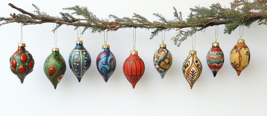 Aufkleber - Colorful Christmas ornaments hanging from a pine tree branch creating a festive holiday atmosphere for seasonal decorations.