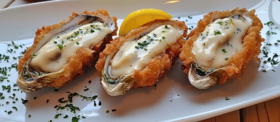 Poster - Battered Oysters with Creamy White Sauce and Fresh Lemon Garnish on a White Plate