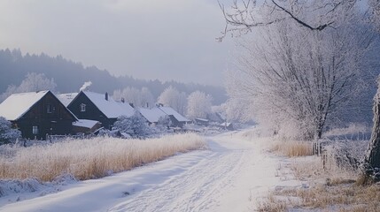 Poster - Winter Scenery of a Serene Village Outskirts with Frosty Trees and Snow-Covered Path