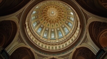 Poster - Symmetrical View of Ornate Dome Ceiling in Historic Basilica with Intricate Architectural Details and Natural Light