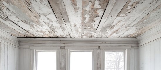 Poster - Peeling white paint on a ceiling revealing aged wood showcasing home renovation interior design aesthetics