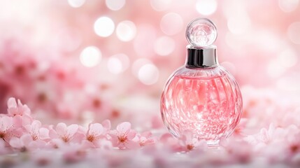Poster - Elegant pink bokeh background with fragrance bottle surrounded by delicate cherry blossoms for beauty and nature themes