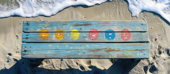 Poster - Colorful painted wooden table with beach rules displayed against a sandy background and ocean waves for a coastal decor theme.