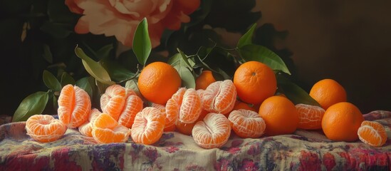 Aufkleber - Peeled and whole tangerines arranged on a decorative table with floral background showcasing vibrant colors and textures.
