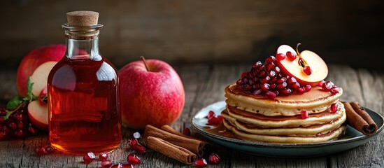 Poster - Delicious pancakes topped with apple slices, pomegranate seeds, and drizzled honey on a rustic wooden table.