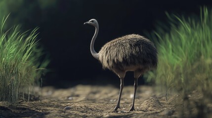 Aufkleber - Ostrich standing gracefully among tall grass in a natural environment showcasing its unique features and habitat.