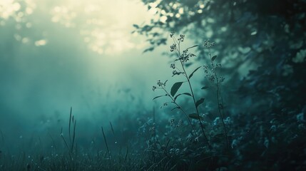 Aufkleber - Misty forest scene with soft light and delicate flowers creating an enchanting outdoor atmosphere for nature-themed projects.