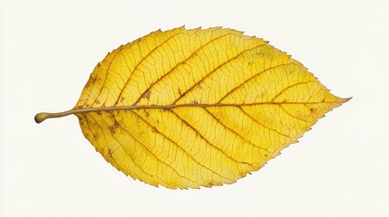 Aufkleber - Vibrant yellow autumn leaf showcasing intricate veins and texture against a neutral background representing the beauty of fall foliage.