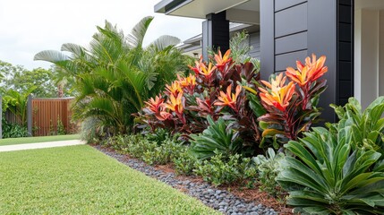 Wall Mural - Vibrant ornamental plants with red shoots and frangipani flowers enhancing a modern front yard landscape design