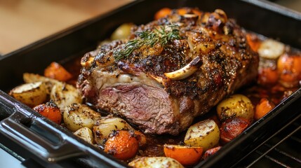 Poster - Succulent oven baked roasted rib with flavorful vegetables and herbs in a black roasting pan garnished with fresh rosemary.