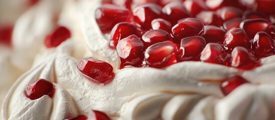 Poster - Pavlova cake topped with fresh pomegranate seeds showcasing a delightful meringue dessert for special occasions