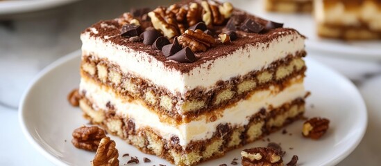 Aufkleber - Delicious Pancho Cake layered with sour cream walnuts and chocolate topped with nuts on a white plate for dessert lovers