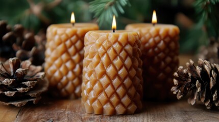 Poster - Pine cone shaped wax candles with warm glow surrounded by pine cones and greenery on rustic wooden background