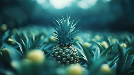 Pineapple surrounded by lush greenery highlighting its medicinal properties and vibrant growth in a tropical setting.