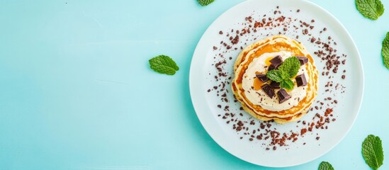 Poster - Delicious pancakes with chocolate curd and mint leaves garnished on a vibrant blue background in a vertical presentation