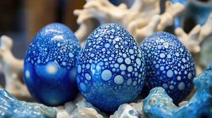 Aufkleber - Decorative blue ostrich eggs displayed artistically on a textured surface with a vibrant color palette and unique patterns