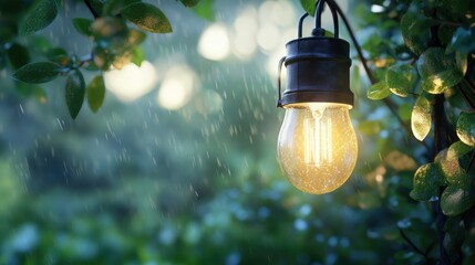 Poster - Illuminated vintage light bulb hanging amidst lush greenery in a serene outdoor setting with a softly blurred natural background
