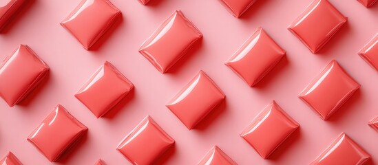 Poster - Red gift boxes arranged in a modern flat lay design against a soft pink background creating a trendy minimalistic aesthetic.