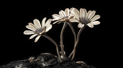 Aufkleber - Dried Osteospermum flowers against a black background showcasing their delicate petals and intricate structure in a dramatic display of nature.