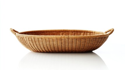Aufkleber - Oval wicker basket with handle on white background showcasing texture and reflection ideal for home decor and storage concepts