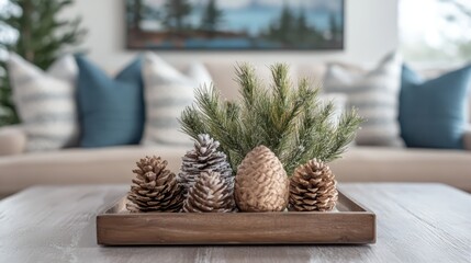 Poster - Elegant pine cone arrangement with greenery in rustic wooden tray for stylish interior decor and nature-inspired home aesthetics