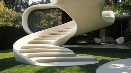 Poster - Modern architectural design featuring an elegant outdoor staircase set in a lush garden landscape with unique curving lines and textures.