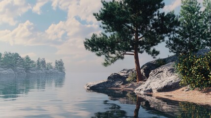Poster - Serene lakeside view featuring a pine tree on the shore surrounded by rocks and lush greenery perfect for outdoor relaxation and recreation