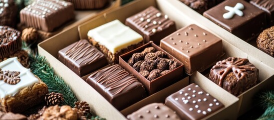 Poster - Assorted homemade fudge and gingerbread cookies elegantly packed in eco-friendly paper boxes surrounded by festive decorations