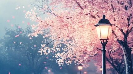 Aufkleber - Serene spring evening in a park featuring blooming sakura cherry blossoms and a glowing street lamp amidst a dreamy atmosphere