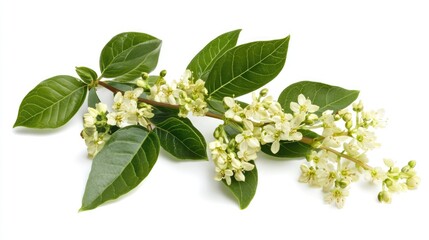 Poster - Oval leaved privet branch with delicate white flowers and lush green leaves on a clean white background