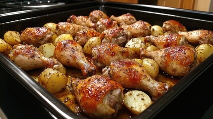 Poster - Oven Roasted Chicken Drumsticks with Seasoned Baby Potatoes in a Baking Tray