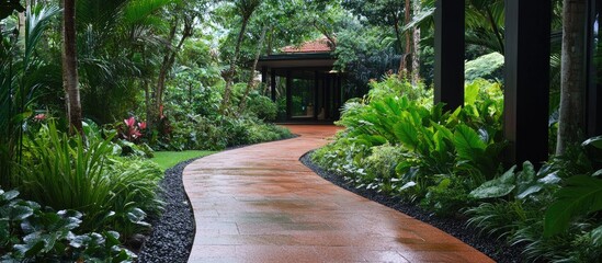 Aufkleber - Serene winding pathway surrounded by lush greenery in a vibrant tropical rainforest setting