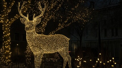 Aufkleber - Festive Outdoor Holiday Light Display Featuring Illuminated Reindeer Amidst Twinkling Tree Lights in a Winter Setting