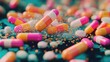 © VirtualVista - Vibrant assortment of colorful capsules and tablets scattered on a surface depicting the concept of medication depletion and health awareness.