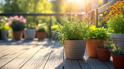 Aufkleber - Vibrant potted plants basking in sunlight on a serene wooden deck with lush greenery and colorful blooms in the background