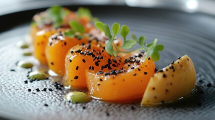 Aufkleber - Oven roasted squash salad with black sesame seeds and fresh herbs on a modern black plate