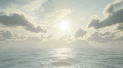 Aufkleber - Serene ocean scene under an overcast sky with soft clouds and subtle sunbeams illuminating the tranquil water surface.