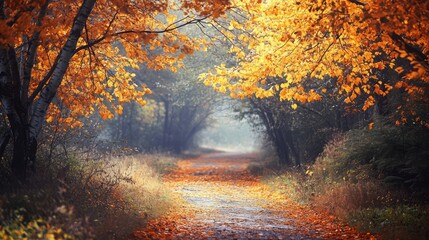 Poster - Autumn landscape with vibrant orange leaves lining a serene forest path during a foggy day showcasing nature's beauty and tranquility