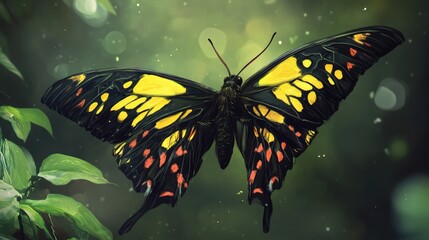 Aufkleber - Stunning Ornithoptera croesus butterfly perched gracefully amidst lush greenery with vibrant yellow and orange markings