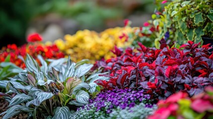Poster - Vibrant display of ornamental plants in a lush garden setting showcasing colorful foliage and diverse floral textures.