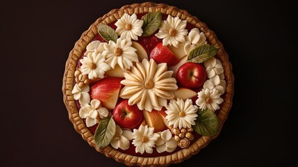 Aufkleber - Decorative apple pie topped with flowers and fruits viewed from above on a dark background for a culinary or dessert-themed project.