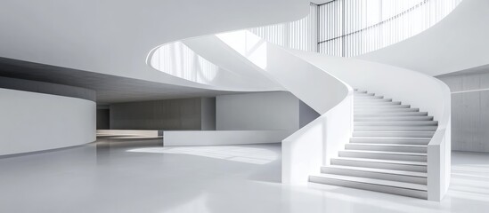 Aufkleber - Panoramic view of a modern interior hall showcasing elegant spiral staircase and sleek minimalist design with natural light accents