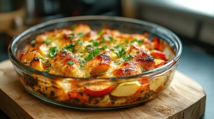 Poster - Oven baked apple chicken in a glass dish garnished with herbs served on a wooden plank showcasing rustic comfort food presentation
