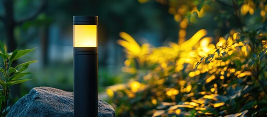 Aufkleber - Elegant outdoor lamp illuminating a serene garden setting with soft bokeh effects enhancing natural aesthetics and ambiance in outdoor spaces