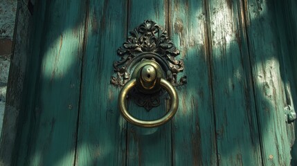Poster - Ornate brass doorknocker centered on a vintage green wooden door creating an elegant and inviting entrance scene.