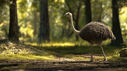 Poster - Ostrich walking through a sunlit forest path surrounded by lush greenery and trees in a serene natural park setting