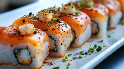 Aufkleber - Colorful sushi rolls with salmon and herbs beautifully arranged on a white plate ready to be enjoyed at a vibrant dining experience.