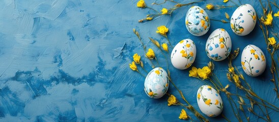 Poster - Painted Easter eggs with yellow flowers on blue backdrop symbolizing Spring holiday vibrant colors and empty space for text display